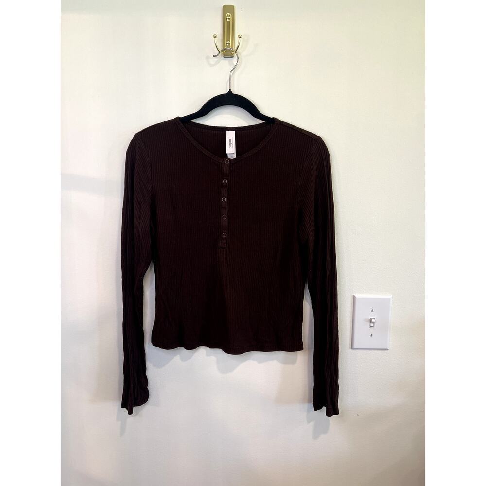 Auden Ribbed Henley Top Brown Long Sleeve Fitted Basic Stretch Medium